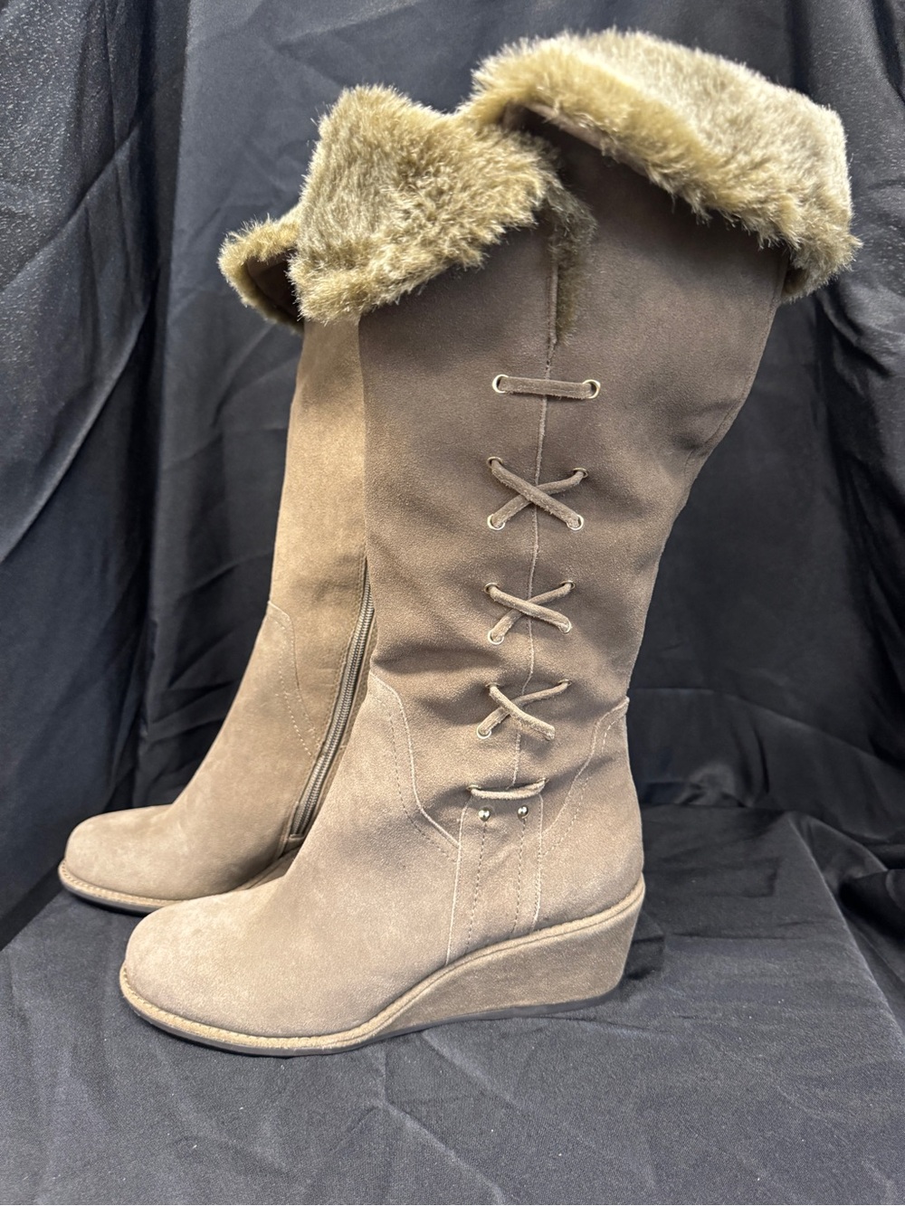 Bandolino Brown Suede Wedge Knee Boots with Lace Detail